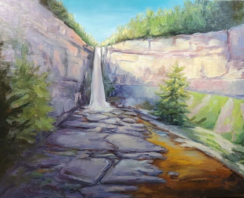 Painting of waterfall at sunrise.  